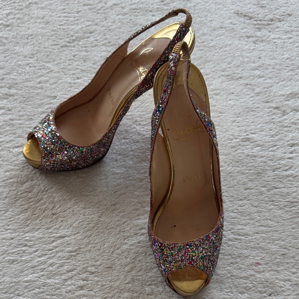 Christian Louboutin Multicolor Glitter Peep-Toe Heels